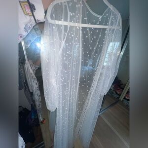 Elegant Sheer White Pearl-Embellished Robe